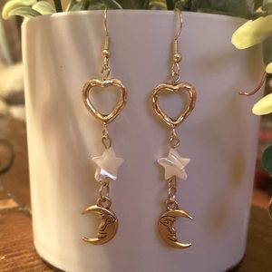 Heart, shell star, and moon earrings, Handmade goldstone